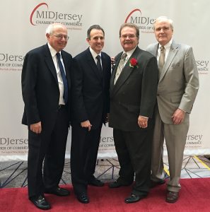 (L-R) Barry Szaferman, founding partner, Szaferman, Lakind, Blumstein & Blader, P.C.; Jim Bartolomei, principal-in-charge, HBK CPAs & Consultants, Jeffrey Barnhart, Creative Marketing Alliance (CMA) founder, CEO and Outstanding Small Business of the Year honoree; and Patrick M. Ryan, chairman of the board, First Bank, celebrate CMA’s more than 29 years of business success at the MIDJersey Chamber of Commerce Annual Awards Gala on April 21 at the Hyatt Regency in Princeton.